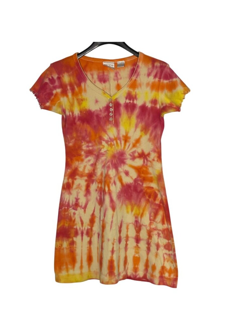 Vintage Y2K Tie Dye Henley‎ Lettuce Hem Sleeve Mini Dress Sz SM Moda Int'l